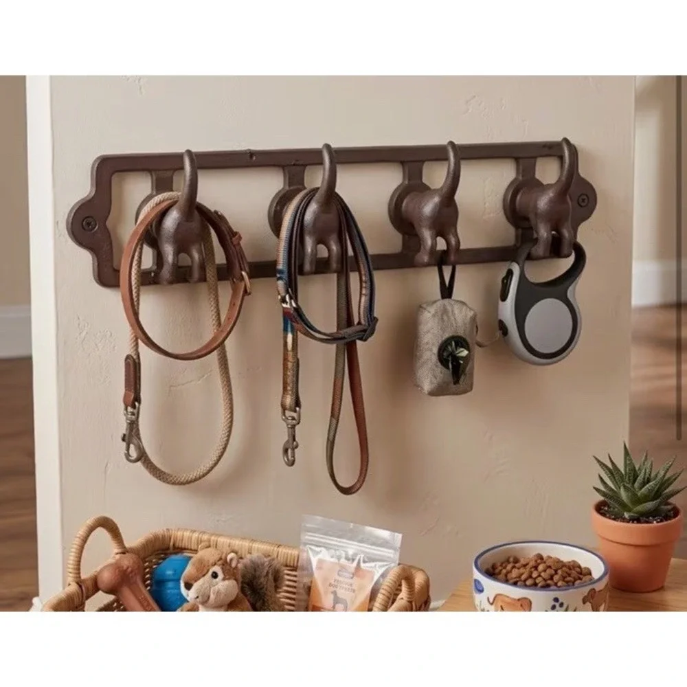 Vintage Style Rustic Cast Iron Dog Tails Wall Hook Rack Cottagecore Leash Hanger